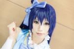 arm_warmers blue_hair bowtie cosplay dress hairbow love_live!_school_idol_project shizuki_minato sonoda_umi yellow_eyes rating:Safe score:0 user:pixymisa