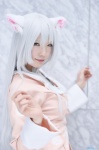 aki_(iv) animal_ears bakemonogatari cat_ears cosplay hanekawa_black hanekawa_tsubasa pajama_top white_hair rating:Safe score:0 user:nil!
