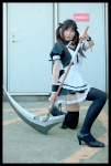 airi apron coa cosplay maid maid_uniform queen's_blade ribbons scythe thighhighs twintails rating:Safe score:0 user:nil!