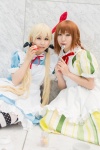apron blonde_hair cosplay dress hairbow hairbows hirasawa_yui k-on! kotobuki_tsumugi marui_mizutama petticoat scarf thighhighs twintails yaya rating:Safe score:0 user:pixymisa
