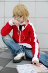 bakuman blonde_hair cosplay crossplay glasses headphones ibara jeans looking_over_glasses manga takagi_akito turtleneck_sweater rating:Safe score:0 user:nil!