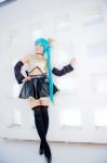 aqua_hair black_legwear cosplay croptop detached_sleeves hairbow hatsune_miku mashiro_yuki pleated_skirt ponytail project_diva skirt thighhighs vocaloid zettai_ryouiki rating:Safe score:0 user:nil!