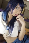 ashiya_noriko blue_hair cosplay croptop ikkitousen kanu_unchou pleated_skirt sefiuku skirt rating:Safe score:1 user:nil!