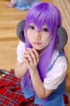 cosplay hanyuu higurashi_no_naku_koro_ni horns kidsuki_runa miniskirt plaid pleated_skirt purple_hair school_uniform skirt vest rating:Safe score:1 user:nil!
