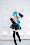 aqua_hair black_legwear cosplay croptop detached_sleeves hairbow hatsune_miku mashiro_yuki pleated_skirt ponytail project_diva skirt thighhighs vocaloid zettai_ryouiki rating:Safe score:0 user:nil!