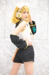 blonde_hair blouse cosplay detached_sleeves hairbow headset hiokichi kagamine_rin pantyhose scarf shorts vocaloid rating:Safe score:0 user:pixymisa