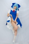 blouse blue_hair cirno cosplay dress_lift hairbow jumper lenfried socks touhou rating:Questionable score:2 user:nil!