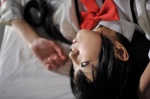akemi_homura bed cosplay hairband mahoshoujo_necoco☆magika necoco puella_magi_madoka_magica sailor_uniform school_uniform rating:Safe score:0 user:nil!