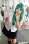 blouse cosplay green_hair higurashi_no_naku_koro_ni kneehighs miniskirt natsume_megumi pleated_skirt school_uniform skirt sonozaki_shion rating:Safe score:0 user:nil!