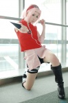 boots cosplay elbow_pads haruno_sakura_(naruto) headband mai miniskirt naruto pantyhose pink_hair shorts skirt vest rating:Safe score:0 user:nil!