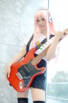 black_legwear cosplay guitar harumiya_yun headphones jumper nitro_super_sonic pantyhose pink_hair sheer_legwear super_soniko thighhighs tshirt zettai_ryouiki rating:Safe score:1 user:nil!