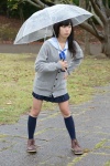 blouse braid cardigan kneesocks nanaka_amanonanae pleated_skirt rain scarf skirt umbrella rating:Safe score:0 user:pixymisa