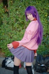 bakemonogatari blouse cosplay futsure pleated_skirt purple_hair senjougahara_hitagi skirt skirt_lift thighhighs zettai_ryouiki rating:Safe score:0 user:pixymisa