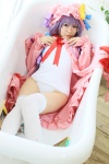 amatsuka_miyu bathroom bathtub cosplay glasses hat one-piece_swimsuit patchouli_knowledge purple_hair robe swimsuit thighhighs touhou rating:Safe score:0 user:nil!