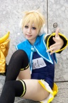 baton blonde_hair collar cosplay detached_sleeves headphones kagamine_len microphone miracle_paint_(vocaloid) ren_(iii) side_skirt_panels swimsuit thighhighs vocaloid rating:Safe score:0 user:pixymisa