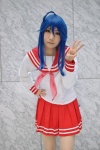 ahoge blouse blue_hair cosplay izumi_konata lucky_star pleated_skirt sailor_uniform scarf school_uniform skirt yuushi rating:Safe score:0 user:pixymisa