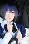 akitsu_honoka blouse blue_eyes bowtie chuunibyou_demo_koi_ga_shitai! cosplay eyepatch hairbow purple_hair side_ponytail takanashi_rikka umbrella rating:Safe score:2 user:pixymisa