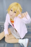 agemaki_wako blonde_hair cosplay hinata hoodie miniskirt pantyhose skirt star_driver striped tshirt rating:Safe score:0 user:nil!