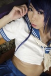 ashiya_noriko blue_hair cosplay croptop ikkitousen kanu_unchou pleated_skirt sefiuku skirt underboob rating:Safe score:1 user:nil!