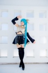 aqua_hair black_legwear cosplay croptop detached_sleeves hairbow hatsune_miku mashiro_yuki pleated_skirt ponytail project_diva skirt thighhighs vocaloid zettai_ryouiki rating:Safe score:0 user:nil!