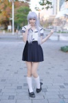 cosplay hairclip kneesocks original pantyhose pleated_skirt purple_hair sailor_uniform school_uniform sheer_legwear skirt tamago twin_braids rating:Safe score:0 user:nil!