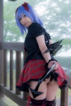 blouse blue_hair bonnet bow cosplay croptop lenfried miniskirt remilia_scarlet skirt tail_plug thighhighs touhou wings rating:Questionable score:2 user:nil!