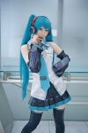 aqua_hair blouse cosplay detached_sleeves hatsune_miku headset pleated_skirt rinami skirt thighhighs tie twintails vocaloid zettai_ryouiki rating:Safe score:0 user:pixymisa