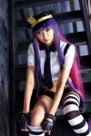 black_legwear blouse cosplay croptop fingerless_gloves multi-colored_hair necoco panty_&_stocking_with_garterbelt police_hat shimapan_and_stocking_necosmo shorts stocking_(psg) striped_legwear suspenders thighhighs tie white_legwear rating:Questionable score:0 user:nil!