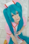 aqua_hair cosplay dress hatsune_miku koiiro_byoutou_(vocaloid) nurse nurse_cap nurse_uniform tatsuki_(ii) twintails vocaloid rating:Safe score:1 user:nil!