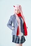 1girl blazer blouse cosplay darling_in_the_franxx emerald hairband horns long_hair pink_hair pleated_skirt ratings:s scarf school_uniform skirt solo tie usakichi zero_two rating:Safe score:0 user:nil!