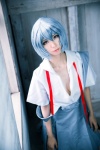 ayanami_rei blouse blue_hair cleavage cosplay mike neon_genesis_evangelion open_clothes pleated_skirt rebuild_of_evangelion school_uniform skirt rating:Safe score:0 user:nil!