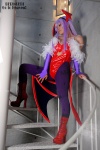 bodysuit boots cosplay detached_sleeves head_wings morrigan_aensland nogu pantyhose purple_hair vampire_(game) wings rating:Safe score:4 user:nil!