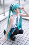 aqua_hair black_legwear cosplay glasses hatsune_miku headset pleated_skirt popuri skirt sleeveless_blouse thighhighs tie twintails vocaloid zettai_ryouiki rating:Safe score:0 user:nil!