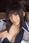 akemi_homura bed blouse cleavage cosplay hairband hanamura_misaki open_clothes pleated_skirt puella_magi_madoka_magica skirt rating:Safe score:0 user:nil!