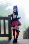 blouse blue_hair bonnet bow cosplay croptop lenfried miniskirt remilia_scarlet skirt tail_plug thighhighs touhou wings zettai_ryouiki rating:Questionable score:3 user:nil!