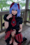 blouse blue_hair bonnet bow cosplay croptop lenfried miniskirt remilia_scarlet skirt skirt_lift thighhighs touhou wings rating:Questionable score:1 user:nil!