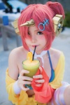 bikini_top cosplay fate/grand_order fate/series frankenstein's_monster_(fate) horn jacket miu_(iii) pink_hair pool swimsuit twin_buns wet rating:Safe score:0 user:nil!