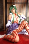 blouse bound cleavage cosplay detached_sleeves green_hair hanamura_misaki kochiya_sanae miko open_clothes rope skirt socks touhou touhou_kinbauchou rating:Safe score:0 user:nil!