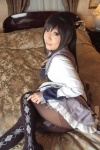 akemi_homura bed blouse cosplay hairband hanamura_misaki pantyhose pleated_skirt puella_magi_madoka_magica skirt rating:Safe score:1 user:nil!