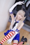 blonde_hair cosplay elbow_gloves gloves hairbow kantai_collection pleated_skirt red_legwear sailor_uniform school_uniform shimakaze_(kantai_collection) skirt striped_legwear tatsuki_(ii) thighhighs white_legwear zettai_ryouiki rating:Safe score:3 user:nil!