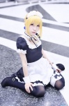 apron black_legwear blonde_hair cosplay dress fate/series fate/stay_night hairband maid maid_uniform mitsuki_(iii) saber thighhighs rating:Safe score:0 user:nil!