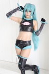 aira aqua_hair boots cosplay croptop detached_sleeves elbow_gloves gloves hatsune_miku headset pantyhose project_diva shorts thigh_boots thighhighs twintails vocaloid rating:Safe score:1 user:xkaras