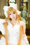 blonde_hair chii_(chobits) chobits cleavage cosplay dress hairbow momoiro_merankori saku rating:Safe score:0 user:nil!