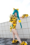 animal_ears aqua_hair azami cham_cham cosplay paw_gloves queen's_gate tiger_print rating:Safe score:0 user:pixymisa