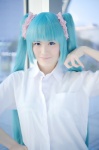 aqua_hair blouse cosplay hatsune_miku popuri school_uniform twintails vocaloid rating:Safe score:1 user:nil!