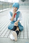 ayanami_rei blouse blue_hair cosplay jumper kneesocks maitako neon_genesis_evangelion pantyhose school_uniform sheer_legwear rating:Safe score:0 user:nil!