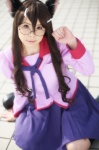 animal_ears bakemonogatari blouse cat_ears cosplay glasses hair_clips hanekawa_tsubasa kneesocks pleated_skirt school_uniform skirt yukari rating:Safe score:0 user:nil!