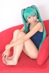 aqua_hair barefoot cosplay hatsune_miku headset necoco necosmo one-piece_swimsuit swimsuit twintails vocaloid rating:Safe score:0 user:nil!