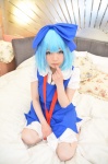 bed blouse blue_hair cirno cosplay hairbow jumper shizuku socks touhou rating:Safe score:2 user:nil!
