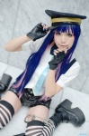 blouse boots cosplay fingerless_gloves gloves handcuffs multi-colored_hair panty_&_stocking_with_garterbelt police_hat shorts stocking_(psg) striped suspenders thighhighs yosugara_touru rating:Safe score:0 user:nil!